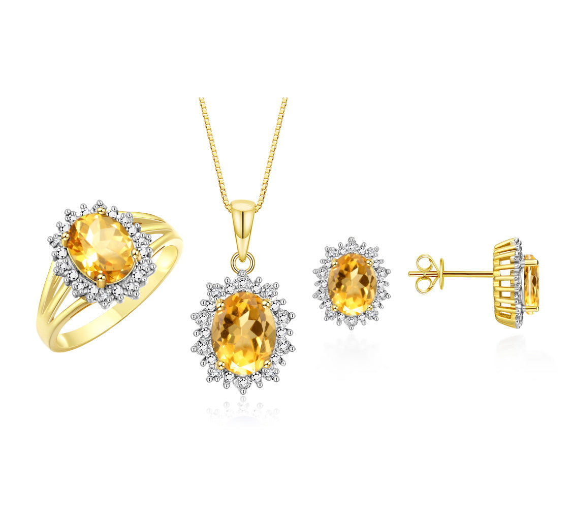 RYLOS Princess Diana Inspired Matching Set, 14K Yellow Gold Ring, Earrings & Pendant with 18" Chain. Gemstone & Diamonds, 9X7MM & 8X6MM Birthstone;  Sizes 5-10.