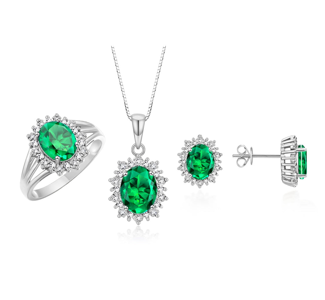 RYLOS Princess Diana Inspired Matching Set, Sterling Silver Ring, Earrings & Pendant with 18" Chain. Gemstone & Diamonds, 9X7MM & 8X6MM Birthstone;  Sizes 5-10.