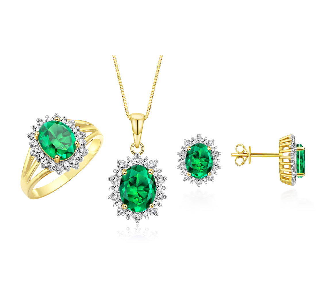 RYLOS Princess Diana Inspired Matching Set, Yellow Gold Plated Silver Ring, Earrings & Pendant with 18" Chain. Gemstone & Diamonds, 9X7MM & 8X6MM Birthstone;  Sizes 5-10.