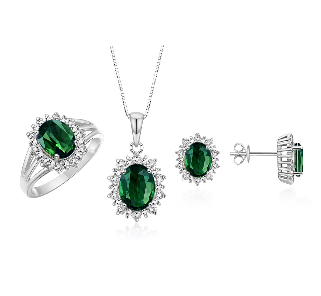 RYLOS Princess Diana Inspired Matching Set, Sterling Silver Ring, Earrings & Pendant with 18" Chain. Gemstone & Diamonds, 9X7MM & 8X6MM Birthstone;  Sizes 5-10.