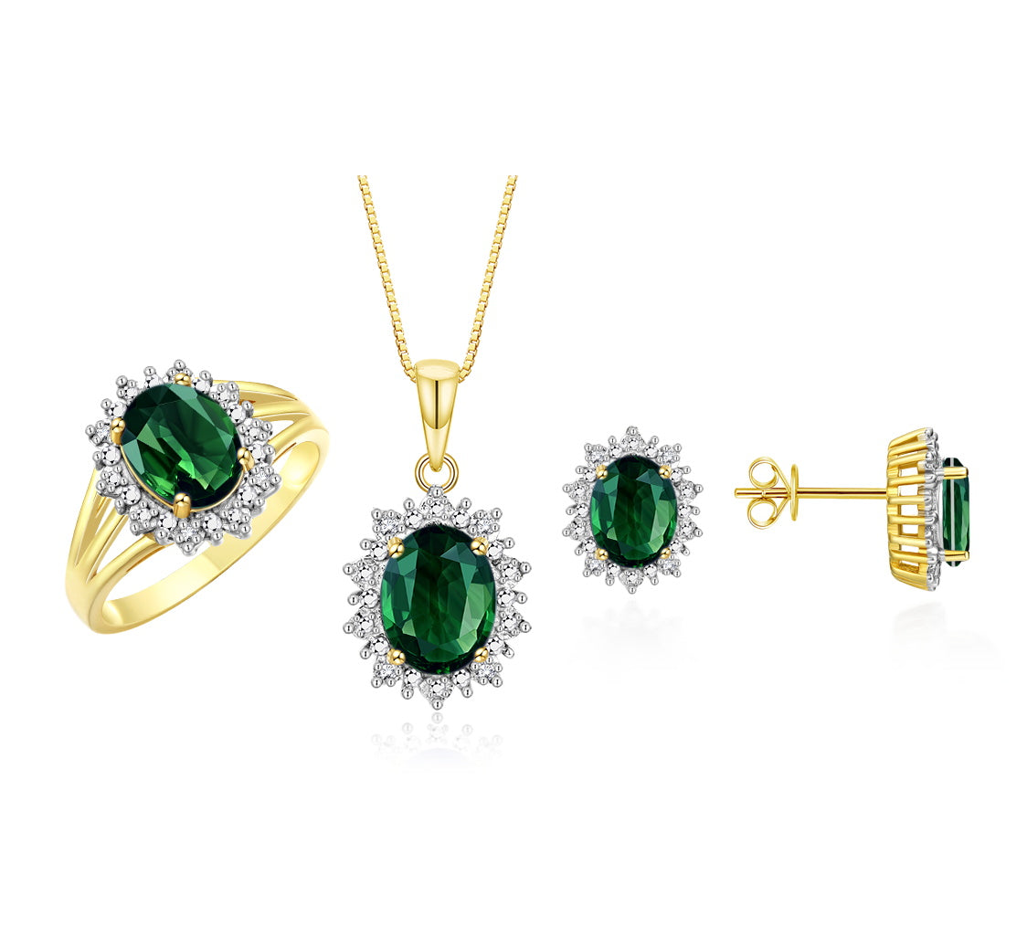 RYLOS Princess Diana Inspired Matching Set, 14K Yellow Gold Ring, Earrings & Pendant with 18" Chain. Gemstone & Diamonds, 9X7MM & 8X6MM Birthstone;  Sizes 5-10.