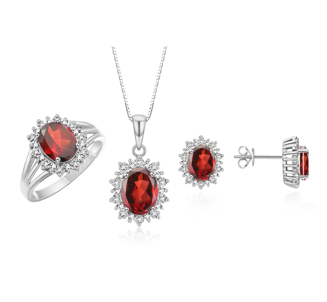 RYLOS Princess Diana Inspired Matching Set, Sterling Silver Ring, Earrings & Pendant with 18" Chain. Gemstone & Diamonds, 9X7MM & 8X6MM Birthstone;  Sizes 5-10.