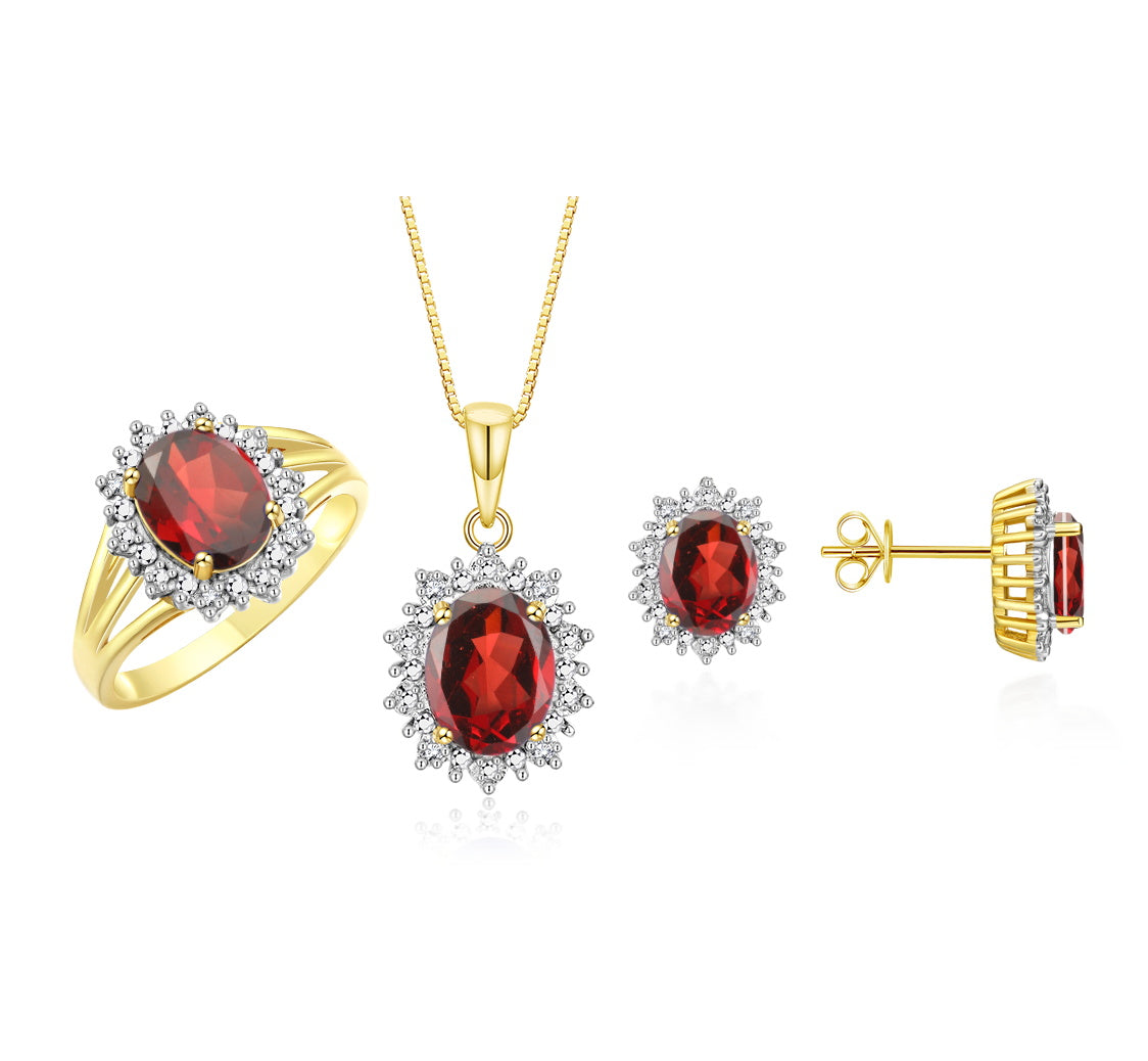 RYLOS Princess Diana Inspired Matching Set, Yellow Gold Plated Silver Ring, Earrings & Pendant with 18" Chain. Gemstone & Diamonds, 9X7MM & 8X6MM Birthstone;  Sizes 5-10.