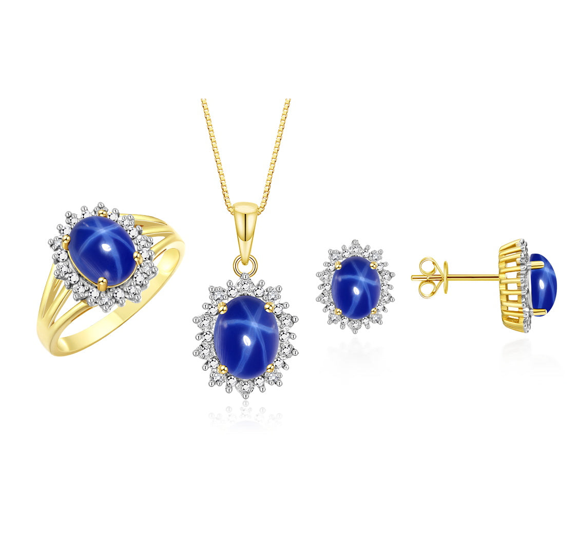 RYLOS Princess Diana Inspired Matching Set, 14K Yellow Gold Ring, Earrings & Pendant with 18" Chain. Gemstone & Diamonds, 9X7MM & 8X6MM Birthstone;  Sizes 5-10.