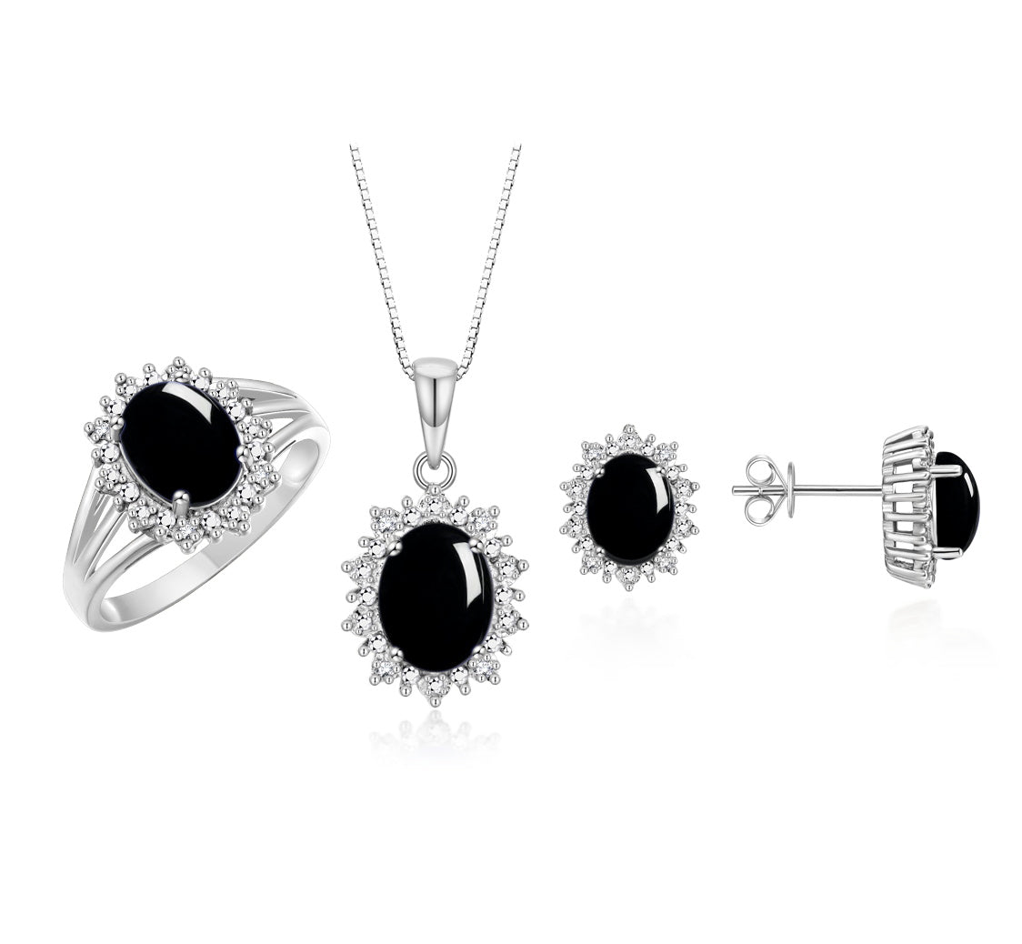 RYLOS Princess Diana Inspired Matching Set, 14K White Gold Ring, Earrings & Pendant with 18" Chain. Gemstone & Diamonds, 9X7MM & 8X6MM Birthstone;  Sizes 5-10.