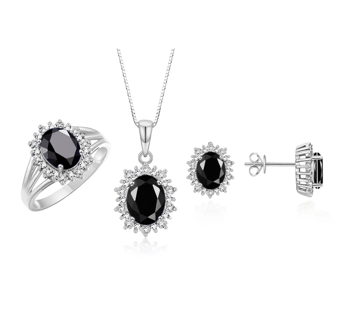 RYLOS Princess Diana Inspired Matching Set, 14K White Gold Ring, Earrings & Pendant with 18" Chain. Gemstone & Diamonds, 9X7MM & 8X6MM Birthstone;  Sizes 5-10.