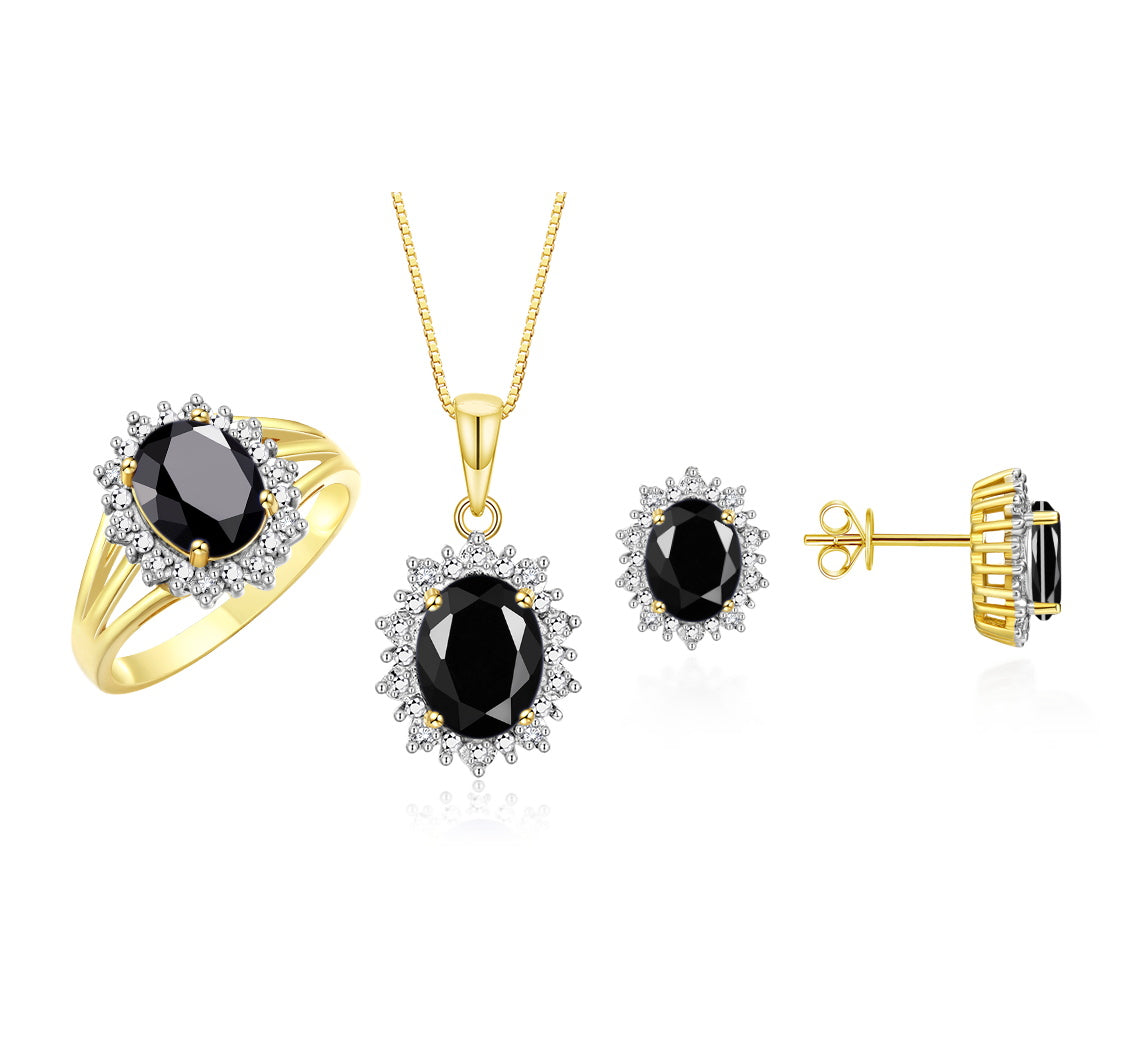 RYLOS Princess Diana Inspired Matching Set, Yellow Gold Plated Silver Ring, Earrings & Pendant with 18" Chain. Gemstone & Diamonds, 9X7MM & 8X6MM Birthstone;  Sizes 5-10.