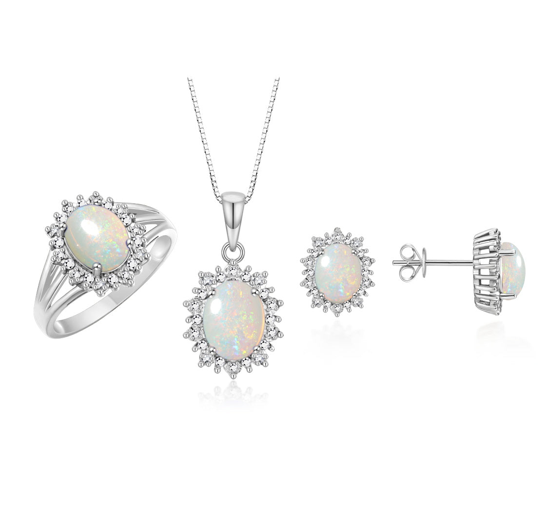 RYLOS Princess Diana Inspired Matching Set, Sterling Silver Ring, Earrings & Pendant with 18" Chain. Gemstone & Diamonds, 9X7MM & 8X6MM Birthstone;  Sizes 5-10.