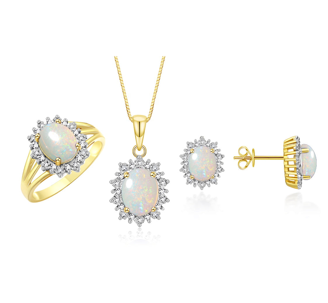 RYLOS Princess Diana Inspired Matching Set, Yellow Gold Plated Silver Ring, Earrings & Pendant with 18" Chain. Gemstone & Diamonds, 9X7MM & 8X6MM Birthstone;  Sizes 5-10.
