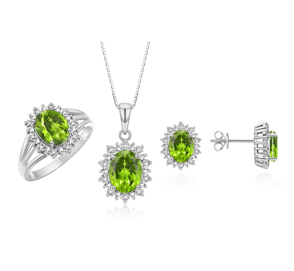 RYLOS Princess Diana Inspired Matching Set, 14K White Gold Ring, Earrings & Pendant with 18" Chain. Gemstone & Diamonds, 9X7MM & 8X6MM Birthstone;  Sizes 5-10.