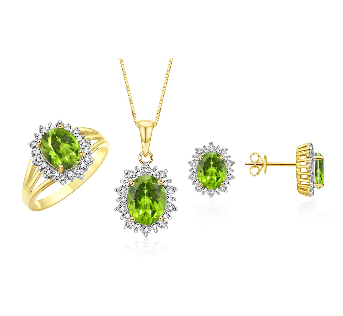 RYLOS Princess Diana Inspired Matching Set, 14K Yellow Gold Ring, Earrings & Pendant with 18" Chain. Gemstone & Diamonds, 9X7MM & 8X6MM Birthstone;  Sizes 5-10.