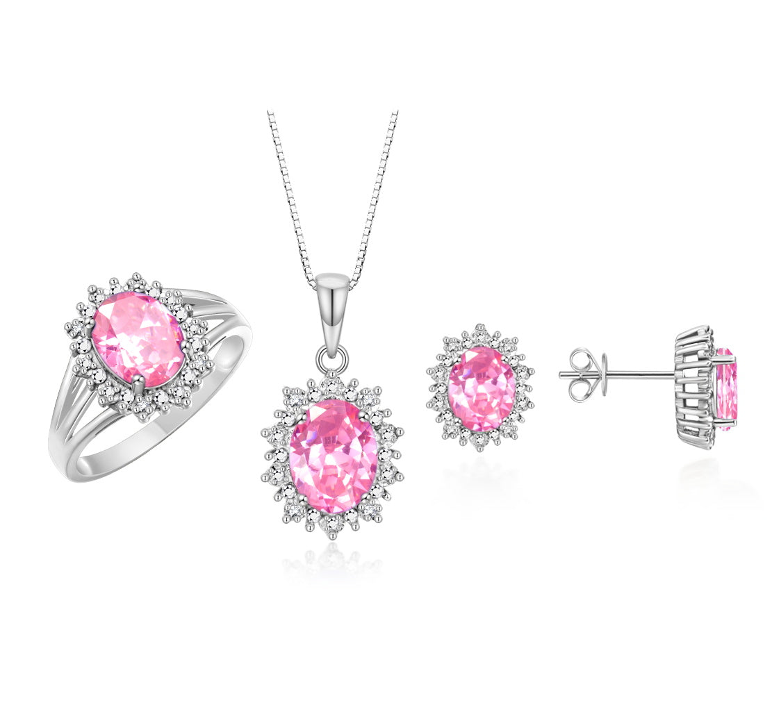 RYLOS Princess Diana Inspired Matching Set, Sterling Silver Ring, Earrings & Pendant with 18" Chain. Gemstone & Diamonds, 9X7MM & 8X6MM Birthstone;  Sizes 5-10.