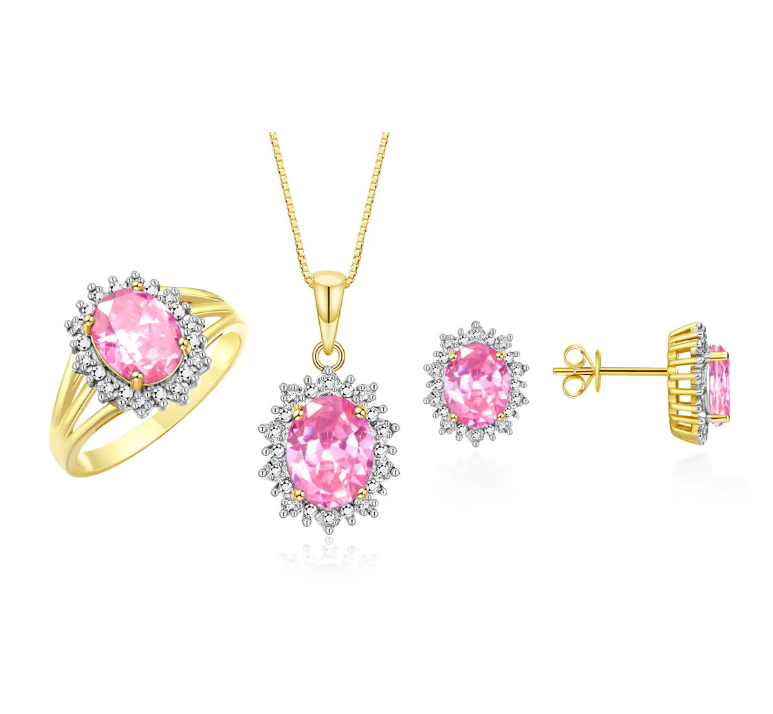 RYLOS Princess Diana Inspired Matching Set, Yellow Gold Plated Silver Ring, Earrings & Pendant with 18" Chain. Gemstone & Diamonds, 9X7MM & 8X6MM Birthstone;  Sizes 5-10.