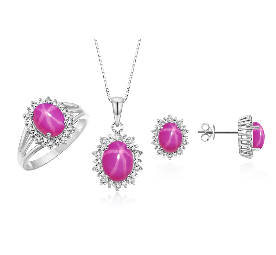 RYLOS Princess Diana Inspired Matching Set, 14K White Gold Ring, Earrings & Pendant with 18" Chain. Gemstone & Diamonds, 9X7MM & 8X6MM Birthstone;  Sizes 5-10.