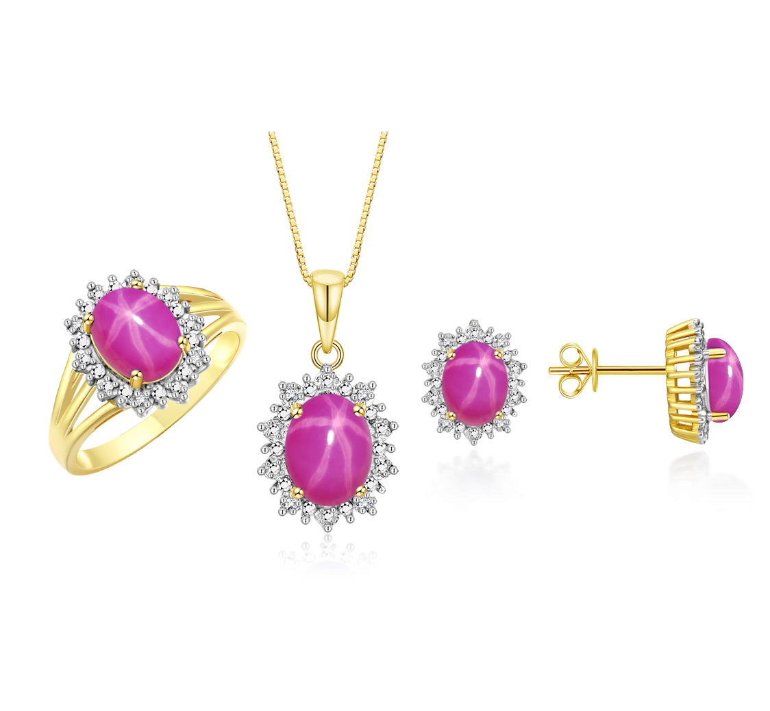 RYLOS Princess Diana Inspired Matching Set, Yellow Gold Plated Silver Ring, Earrings & Pendant with 18" Chain. Gemstone & Diamonds, 9X7MM & 8X6MM Birthstone;  Sizes 5-10.
