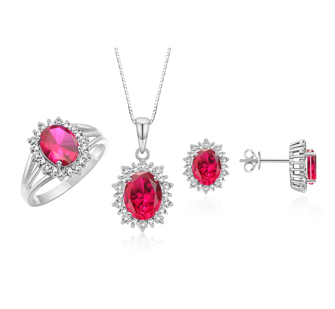 RYLOS Princess Diana Inspired Matching Set, 14K White Gold Ring, Earrings & Pendant with 18" Chain. Gemstone & Diamonds, 9X7MM & 8X6MM Birthstone;  Sizes 5-10.