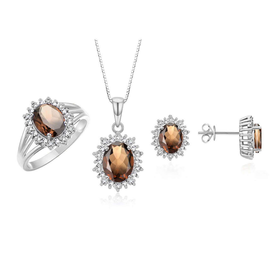 RYLOS Princess Diana Inspired Matching Set, 14K White Gold Ring, Earrings & Pendant with 18" Chain. Gemstone & Diamonds, 9X7MM & 8X6MM Birthstone;  Sizes 5-10.