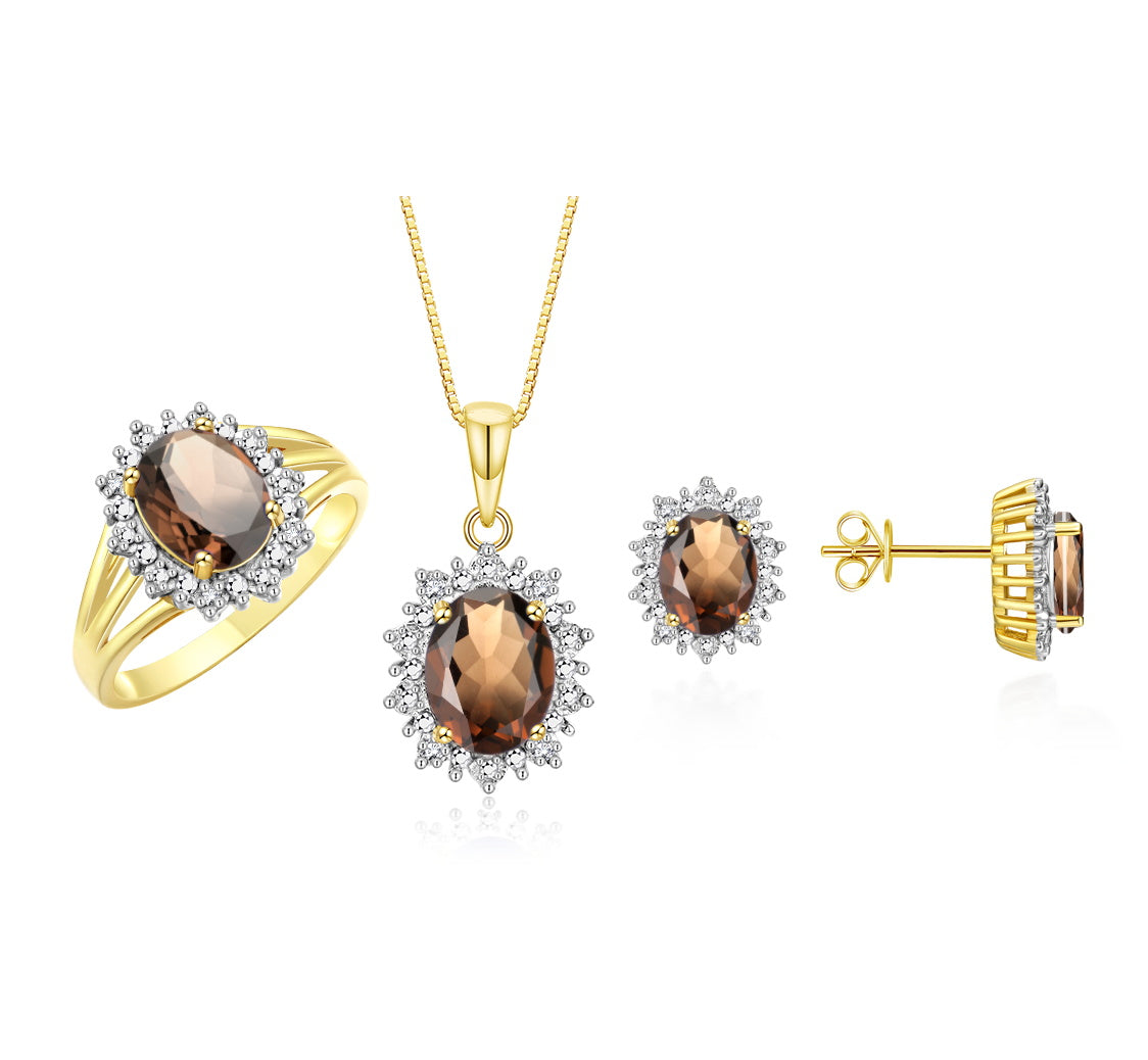RYLOS Princess Diana Inspired Matching Set, Yellow Gold Plated Silver Ring, Earrings & Pendant with 18" Chain. Gemstone & Diamonds, 9X7MM & 8X6MM Birthstone;  Sizes 5-10.
