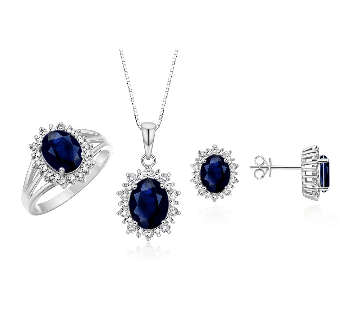 RYLOS Princess Diana Inspired Matching Set, Sterling Silver Ring, Earrings & Pendant with 18" Chain. Gemstone & Diamonds, 9X7MM & 8X6MM Birthstone;  Sizes 5-10.