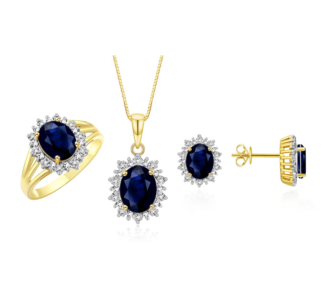 RYLOS Princess Diana Inspired Matching Set, Yellow Gold Plated Silver Ring, Earrings & Pendant with 18" Chain. Gemstone & Diamonds, 9X7MM & 8X6MM Birthstone;  Sizes 5-10.