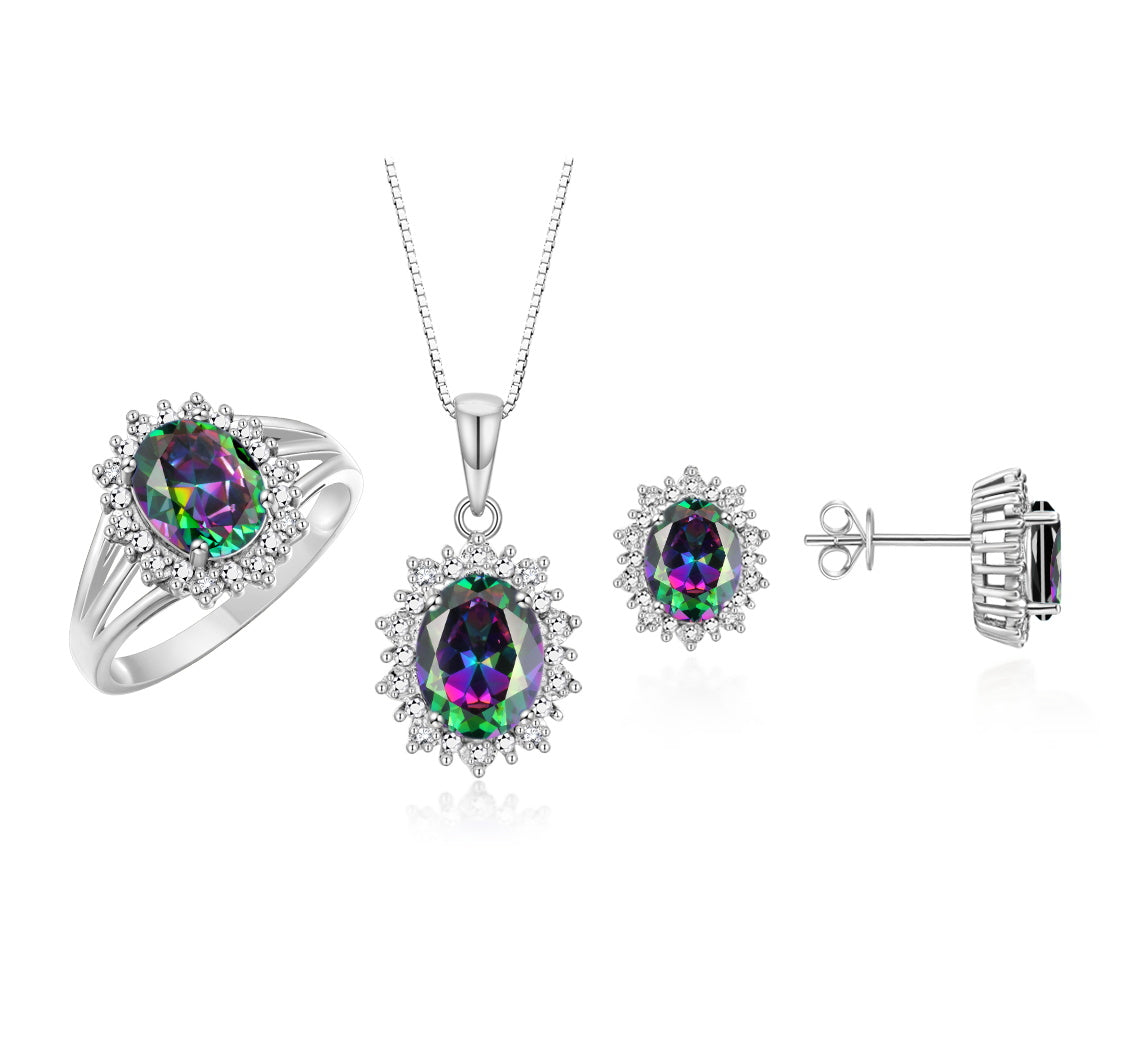 RYLOS Princess Diana Inspired Matching Set, 14K White Gold Ring, Earrings & Pendant with 18" Chain. Gemstone & Diamonds, 9X7MM & 8X6MM Birthstone;  Sizes 5-10.