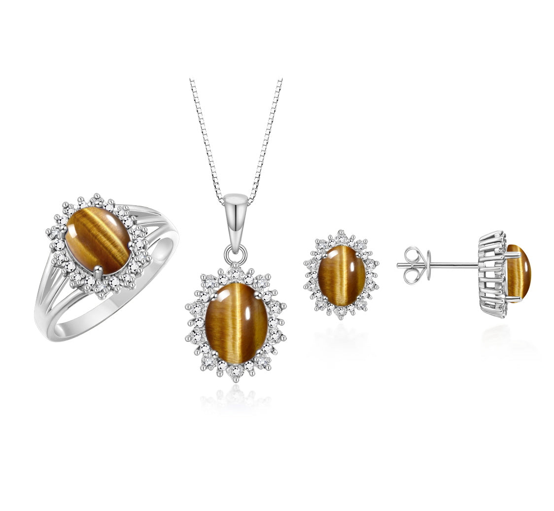 RYLOS Princess Diana Inspired Matching Set, Sterling Silver Ring, Earrings & Pendant with 18" Chain. Gemstone & Diamonds, 9X7MM & 8X6MM Birthstone;  Sizes 5-10.