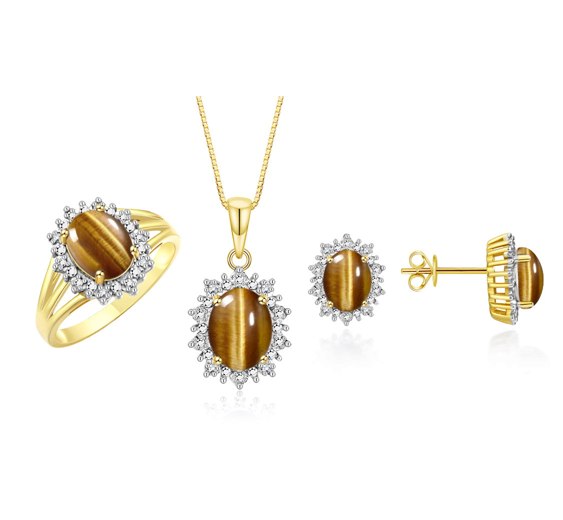 RYLOS Princess Diana Inspired Matching Set, 14K Yellow Gold Ring, Earrings & Pendant with 18" Chain. Gemstone & Diamonds, 9X7MM & 8X6MM Birthstone;  Sizes 5-10.