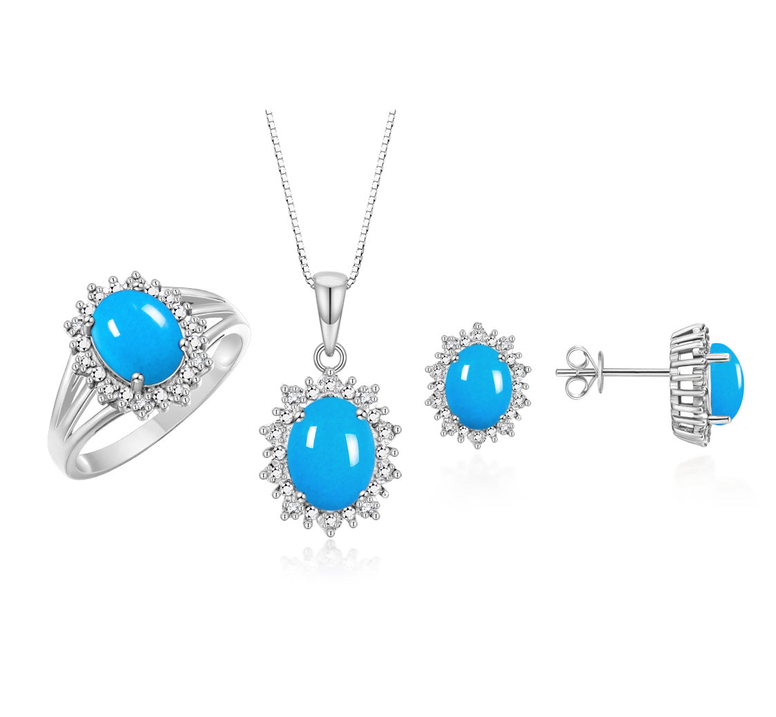 RYLOS Princess Diana Inspired Matching Set, 14K White Gold Ring, Earrings & Pendant with 18" Chain. Gemstone & Diamonds, 9X7MM & 8X6MM Birthstone;  Sizes 5-10.