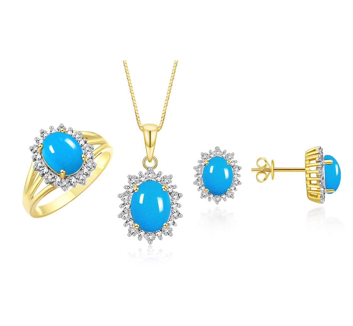 RYLOS Princess Diana Inspired Matching Set, Yellow Gold Plated Silver Ring, Earrings & Pendant with 18" Chain. Gemstone & Diamonds, 9X7MM & 8X6MM Birthstone;  Sizes 5-10.