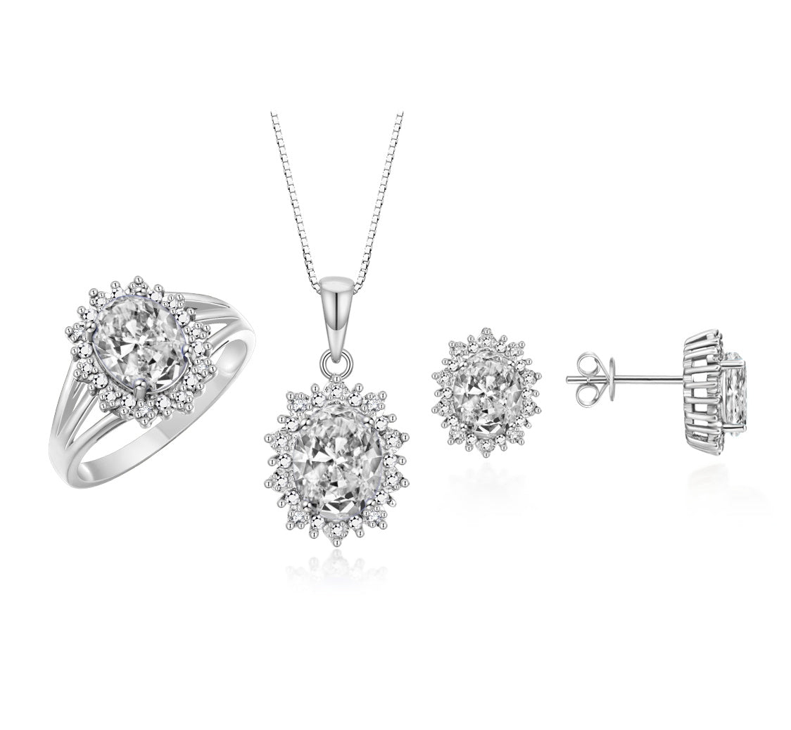 RYLOS Princess Diana Inspired Matching Set, 14K White Gold Ring, Earrings & Pendant with 18" Chain. Gemstone & Diamonds, 9X7MM & 8X6MM Birthstone;  Sizes 5-10.