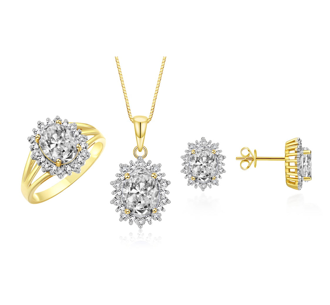 RYLOS Princess Diana Inspired Matching Set, Yellow Gold Plated Silver Ring, Earrings & Pendant with 18" Chain. Gemstone & Diamonds, 9X7MM & 8X6MM Birthstone;  Sizes 5-10.