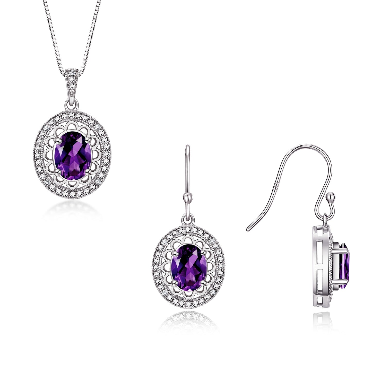 RYLOS Matching Jewelry Set 14K White Gold Princess Diana Inspired: Earrings & Pendant Necklace with 18" Chain. Gemstone & Diamonds, 8X6MM Birthstone