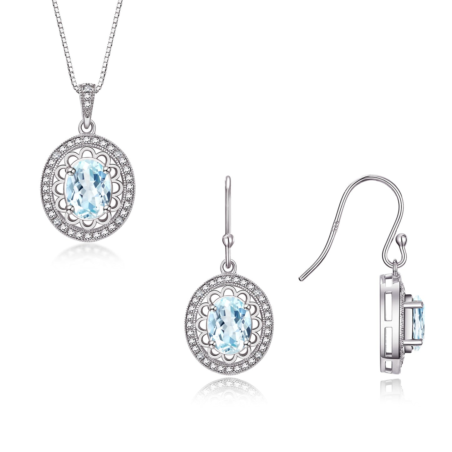 RYLOS Matching Jewelry Set 14K White Gold Princess Diana Inspired: Earrings & Pendant Necklace with 18" Chain. Gemstone & Diamonds, 8X6MM Birthstone