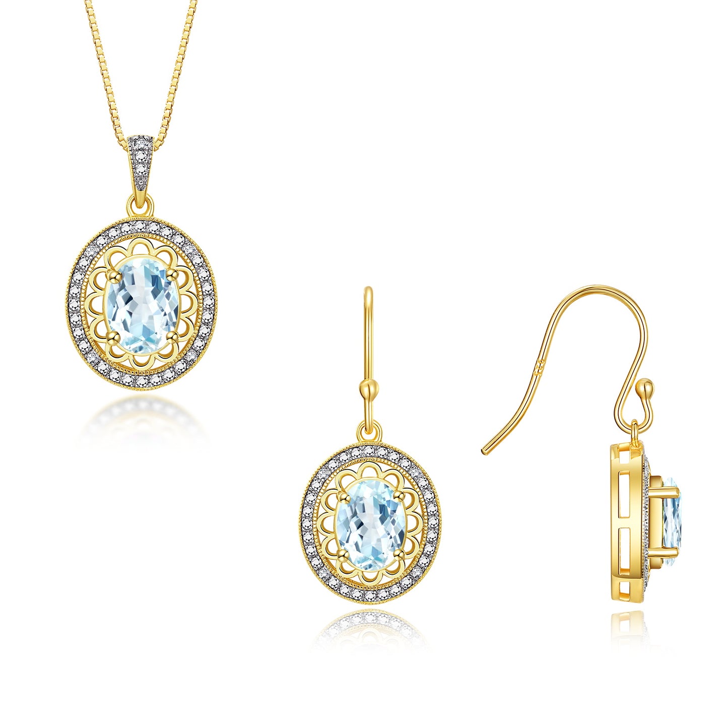 RYLOS Matching Jewelry Set 14K Yellow Gold Princess Diana Inspired: Earrings & Pendant Necklace with 18" Chain. Gemstone & Diamonds, 8X6MM Birthstone