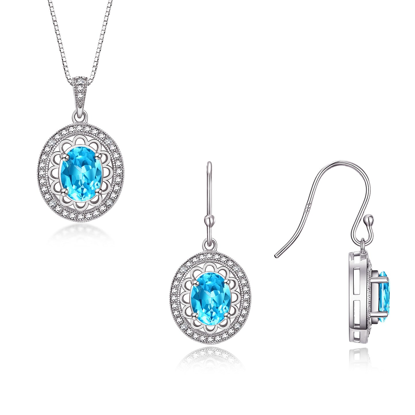 RYLOS Matching Jewelry Set Sterling Silver Princess Diana Inspired: Earrings & Pendant Necklace with 18" Chain. Gemstone & Diamonds, 8X6MM Birthstone