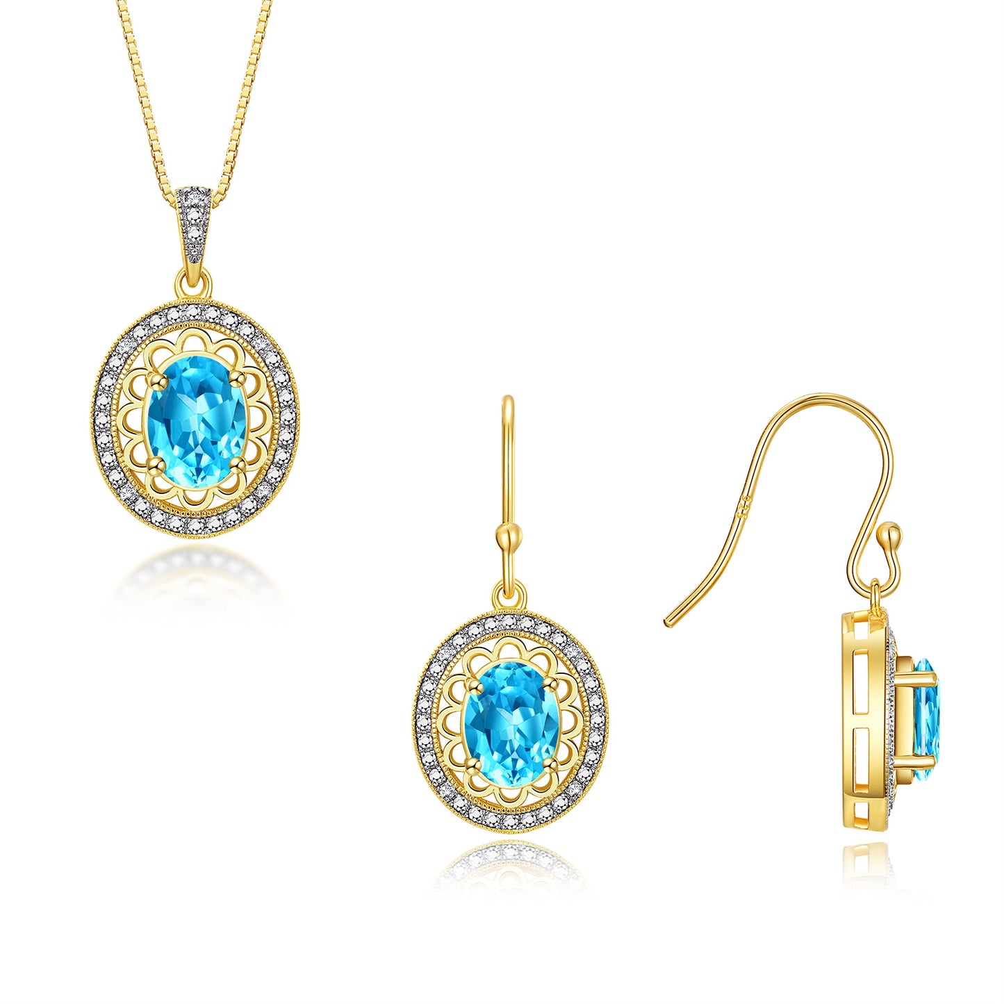 RYLOS Matching Jewelry Set Yellow Gold Plated Silver Princess Diana Inspired: Earrings & Pendant Necklace with 18" Chain. Gemstone & Diamonds, 8X6MM Birthstone