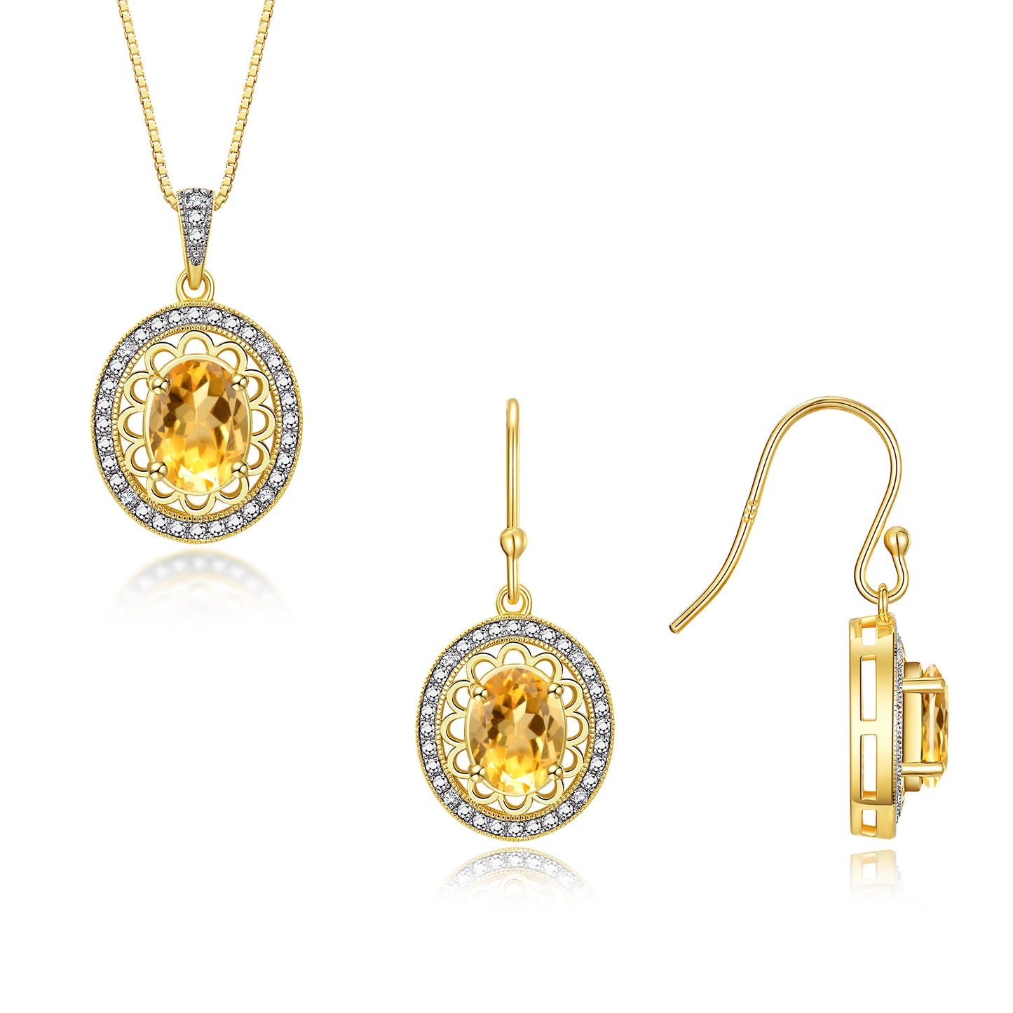 RYLOS Matching Jewelry Set 14K Yellow Gold Princess Diana Inspired: Earrings & Pendant Necklace with 18" Chain. Gemstone & Diamonds, 8X6MM Birthstone