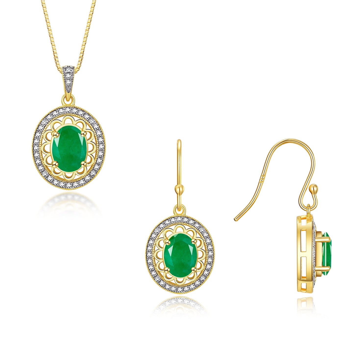 RYLOS Matching Jewelry Set Yellow Gold Plated Silver Princess Diana Inspired: Earrings & Pendant Necklace with 18" Chain. Gemstone & Diamonds, 8X6MM Birthstone