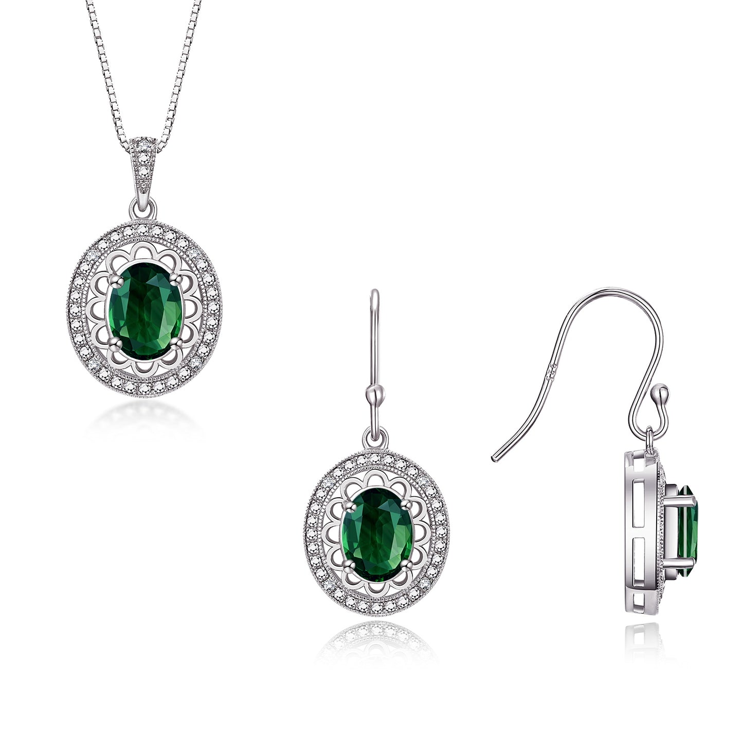RYLOS Matching Jewelry Set Sterling Silver Princess Diana Inspired: Earrings & Pendant Necklace with 18" Chain. Gemstone & Diamonds, 8X6MM Birthstone