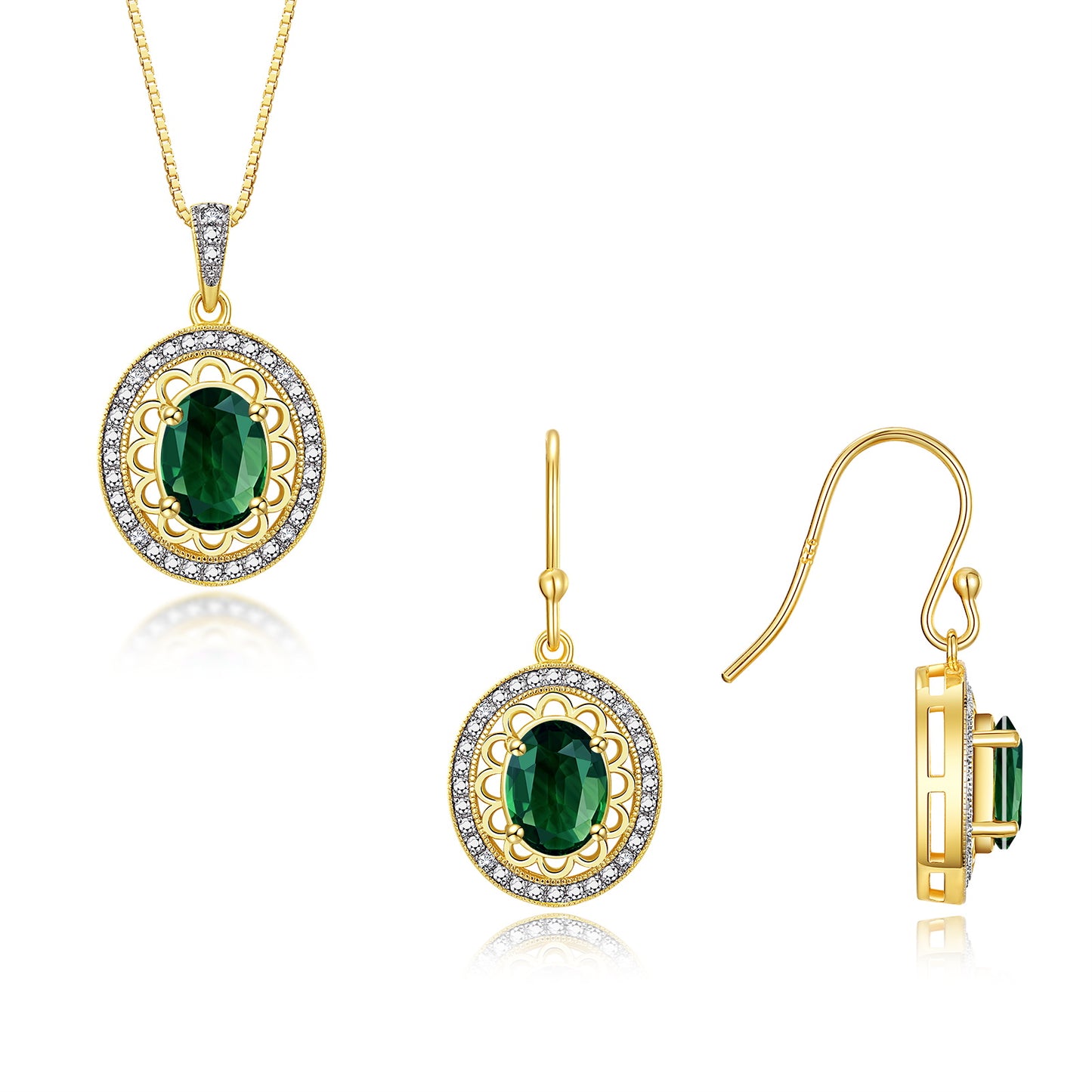 RYLOS Matching Jewelry Set Yellow Gold Plated Silver Princess Diana Inspired: Earrings & Pendant Necklace with 18" Chain. Gemstone & Diamonds, 8X6MM Birthstone