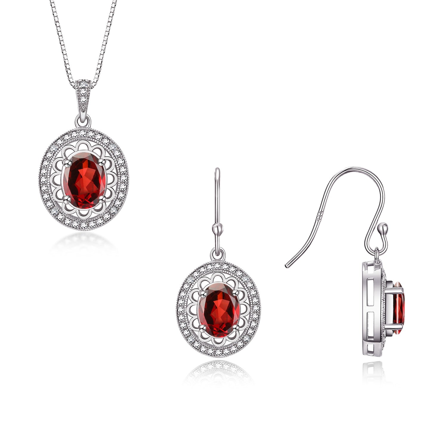 RYLOS Matching Jewelry Set Sterling Silver Princess Diana Inspired: Earrings & Pendant Necklace with 18" Chain. Gemstone & Diamonds, 8X6MM Birthstone