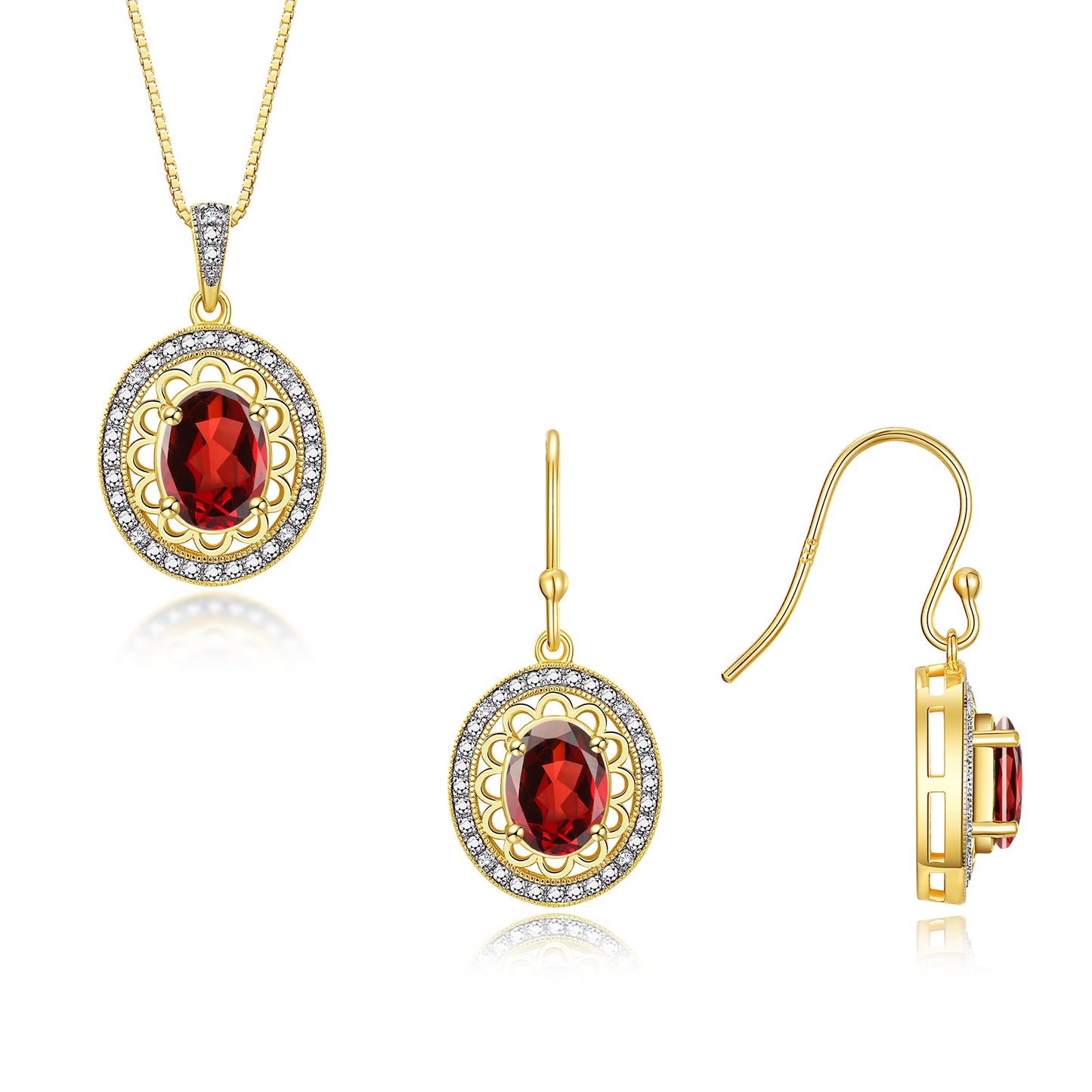 RYLOS Matching Jewelry Set 14K Yellow Gold Princess Diana Inspired: Earrings & Pendant Necklace with 18" Chain. Gemstone & Diamonds, 8X6MM Birthstone