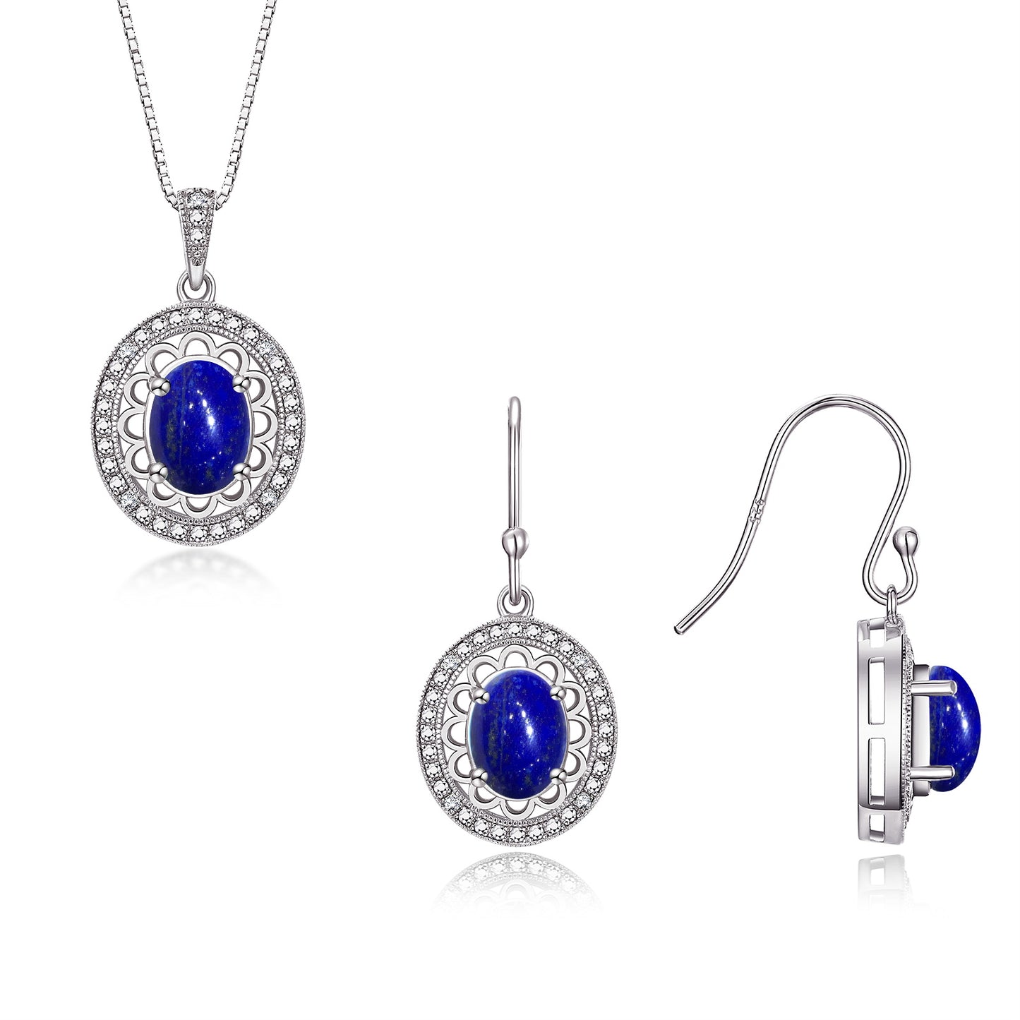 RYLOS Matching Jewelry Set Sterling Silver Princess Diana Inspired: Earrings & Pendant Necklace with 18" Chain. Gemstone & Diamonds, 8X6MM Birthstone