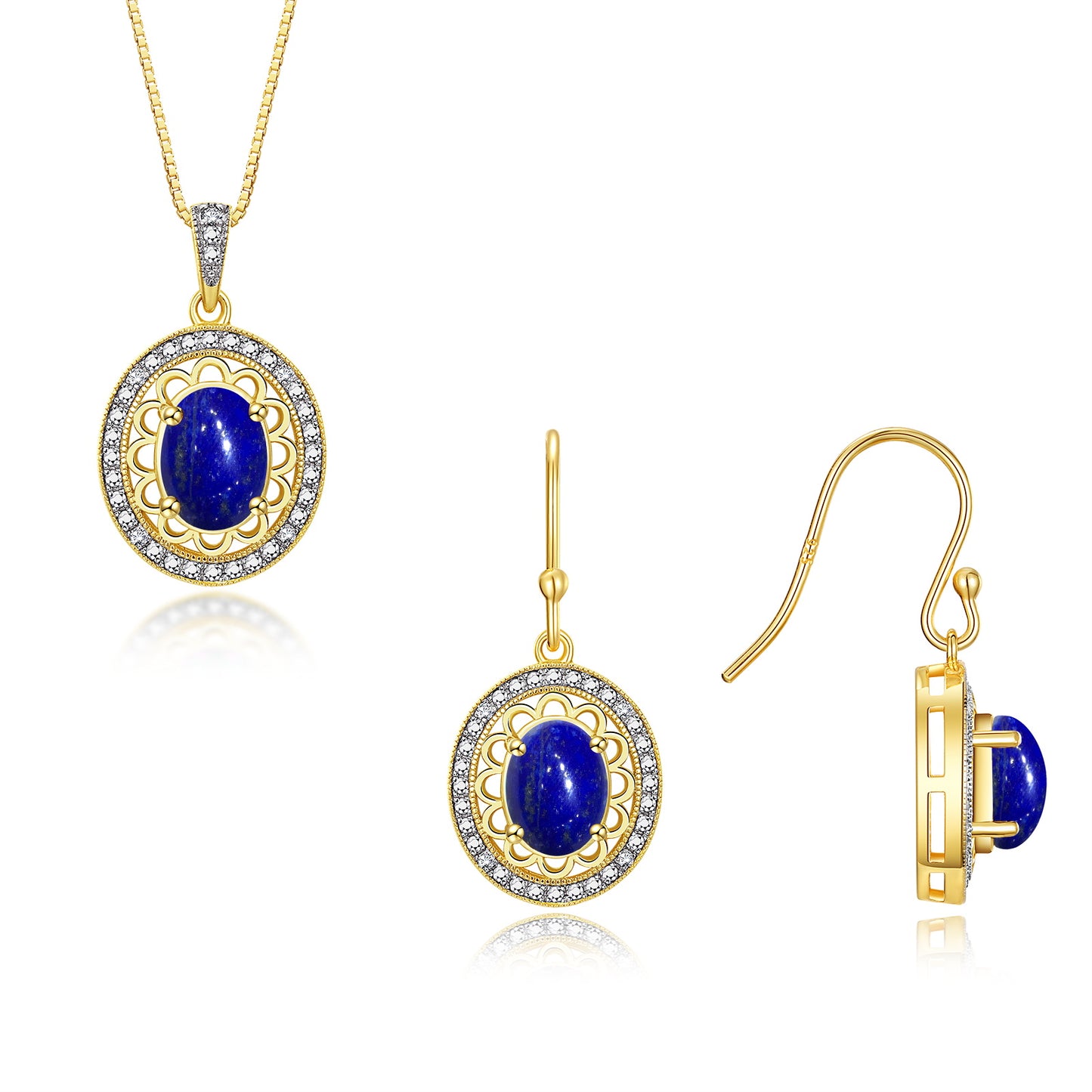RYLOS Matching Jewelry Set 14K Yellow Gold Princess Diana Inspired: Earrings & Pendant Necklace with 18" Chain. Gemstone & Diamonds, 8X6MM Birthstone