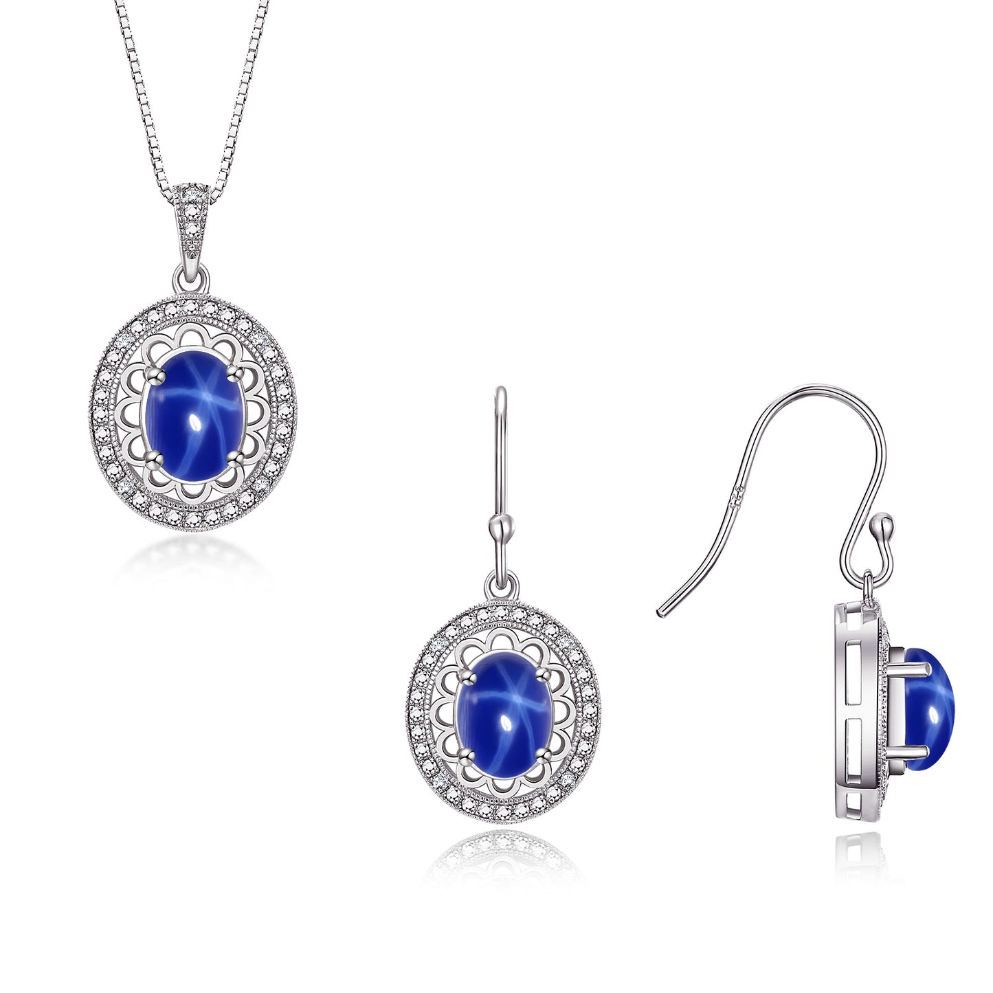 RYLOS Matching Jewelry Set 14K White Gold Princess Diana Inspired: Earrings & Pendant Necklace with 18" Chain. Gemstone & Diamonds, 8X6MM Birthstone