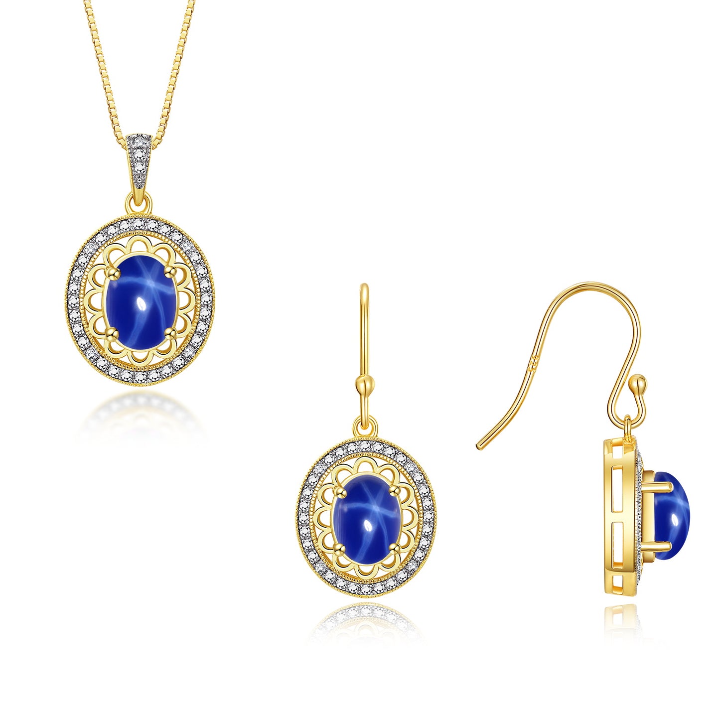 RYLOS Matching Jewelry Set Yellow Gold Plated Silver Princess Diana Inspired: Earrings & Pendant Necklace with 18" Chain. Gemstone & Diamonds, 8X6MM Birthstone