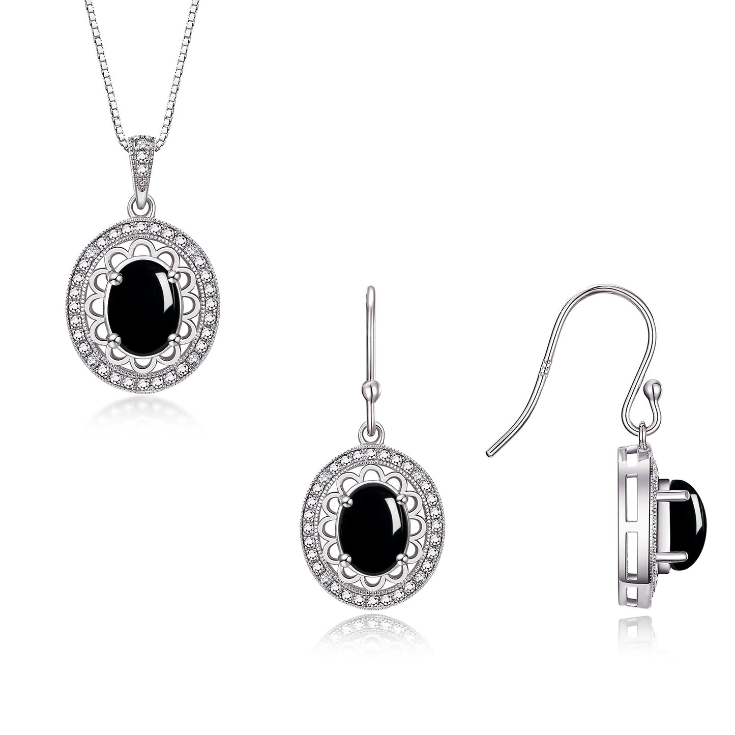 RYLOS Matching Jewelry Set 14K White Gold Princess Diana Inspired: Earrings & Pendant Necklace with 18" Chain. Gemstone & Diamonds, 8X6MM Birthstone