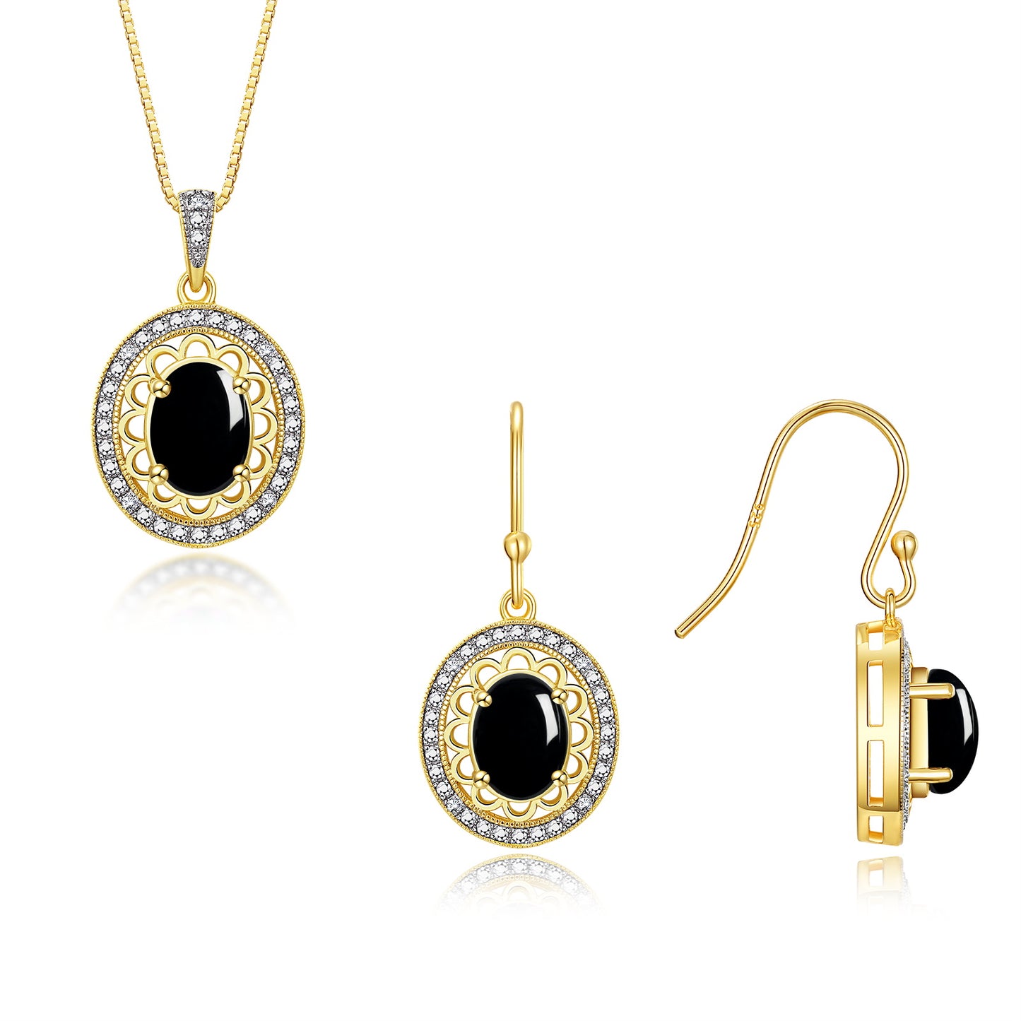 RYLOS Matching Jewelry Set Yellow Gold Plated Silver Princess Diana Inspired: Earrings & Pendant Necklace with 18" Chain. Gemstone & Diamonds, 8X6MM Birthstone