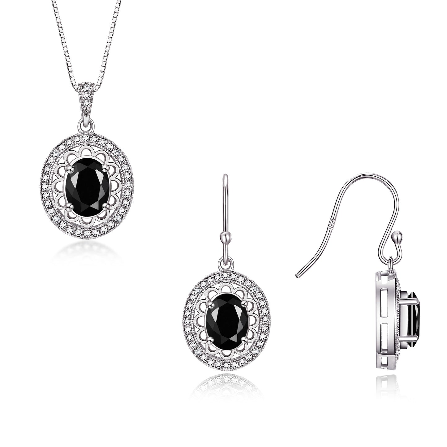 RYLOS Matching Jewelry Set Sterling Silver Princess Diana Inspired: Earrings & Pendant Necklace with 18" Chain. Gemstone & Diamonds, 8X6MM Birthstone