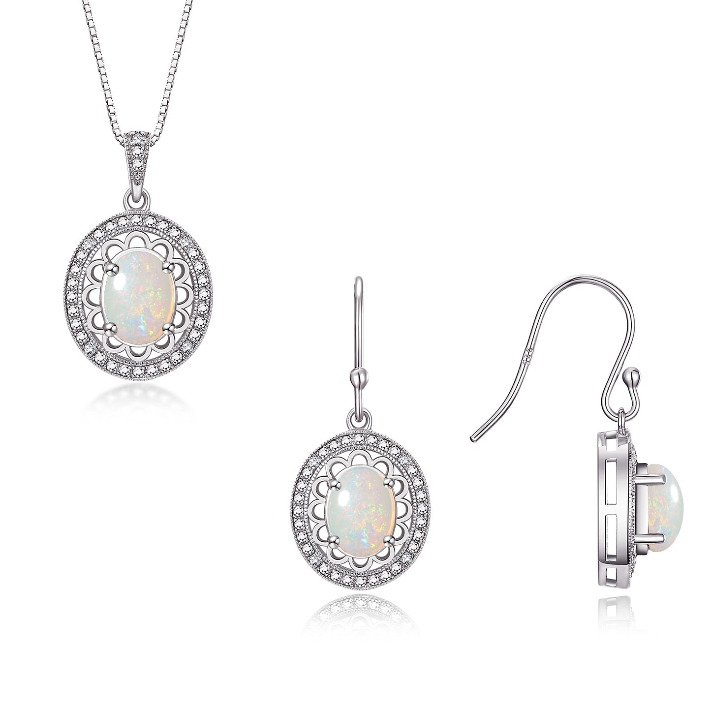 RYLOS Matching Jewelry Set 14K White Gold Princess Diana Inspired: Earrings & Pendant Necklace with 18" Chain. Gemstone & Diamonds, 8X6MM Birthstone